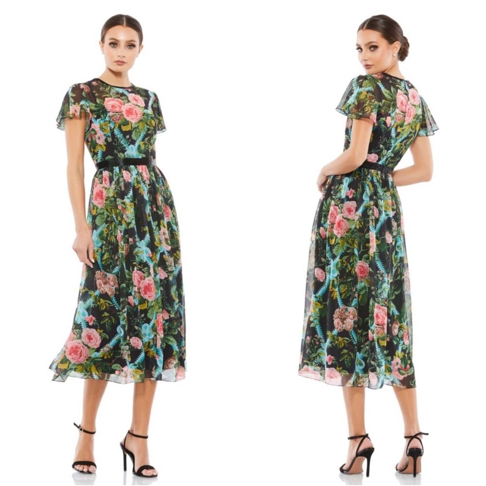 Mac Duggal 9149 Floral Illusion Cap Sleeve Midi Dress Size 2 NWT Black